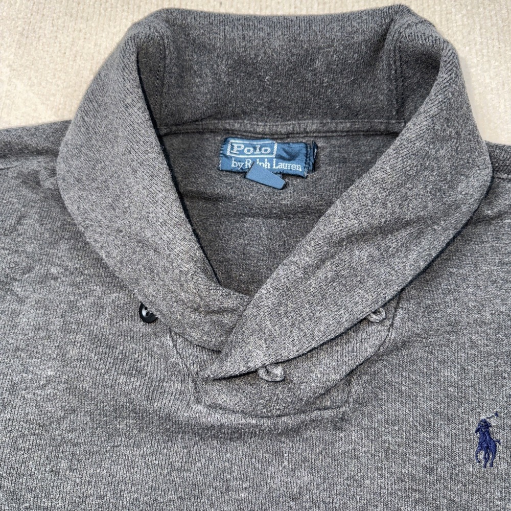 Polo Ralph Lauren Sweater Mens L Gray Shawl Collar Button Pullover Pony Logo - Picture 7 of 8